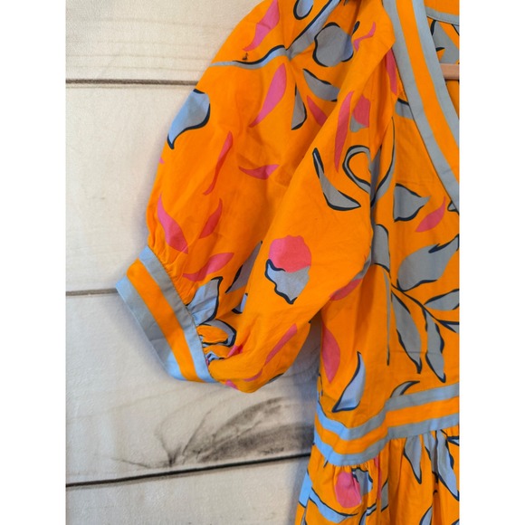 Gretchen Scott Orange Blue Floral Puff Sleeve Midi Dress Size S - Picture 3 of 6